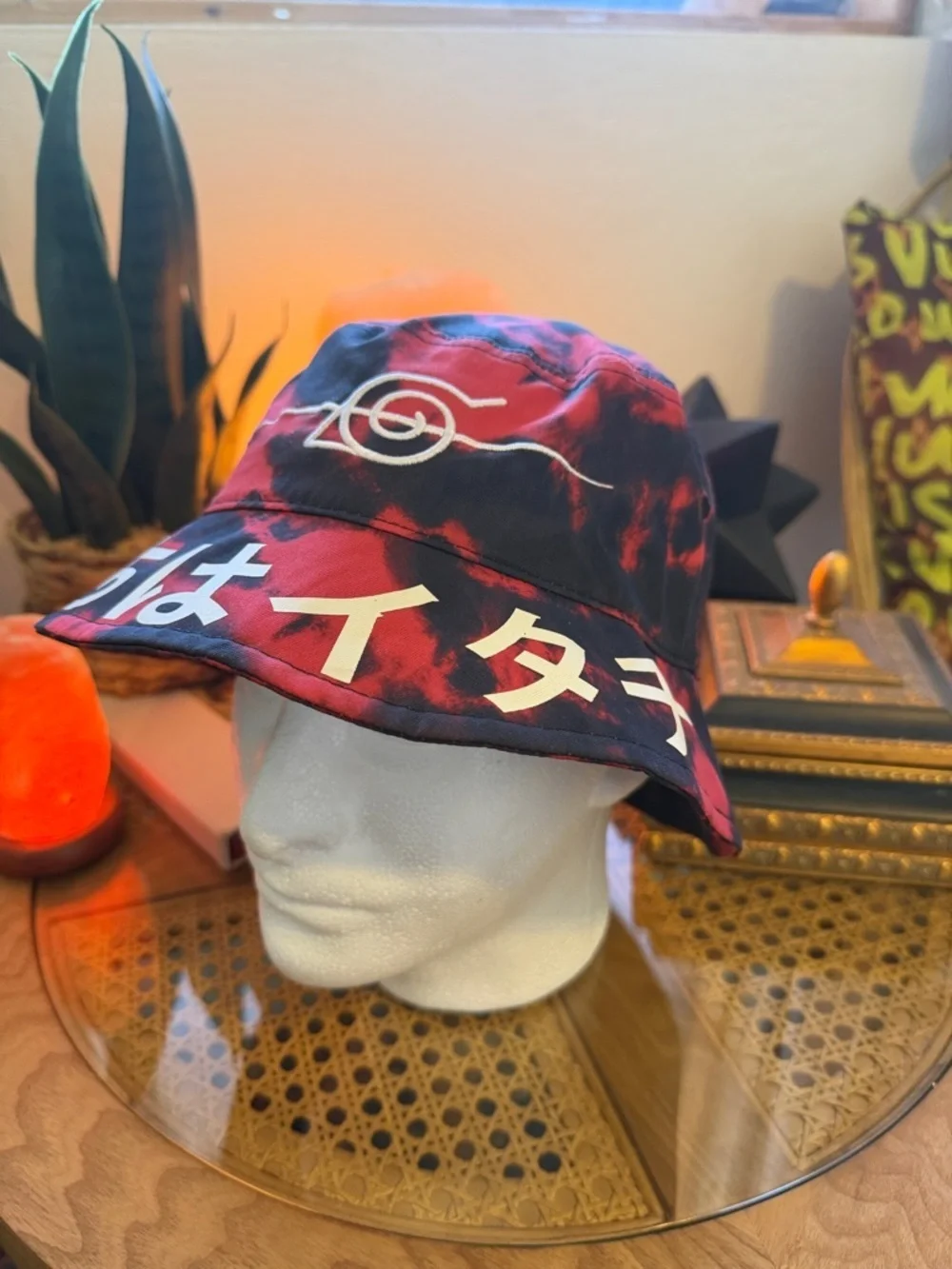Red and Black Tie-Dye Bucket Hat with White Graphic